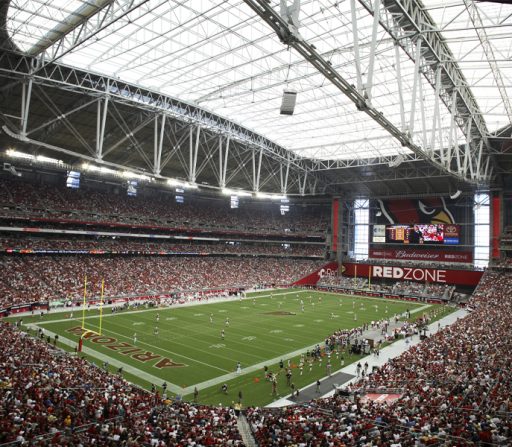 Phoenix stadium with the word "Arizona" on the field
