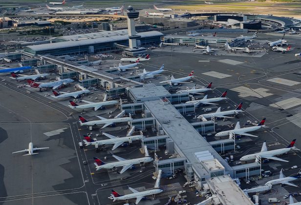 an aerial view of JFK airport with many planes parked