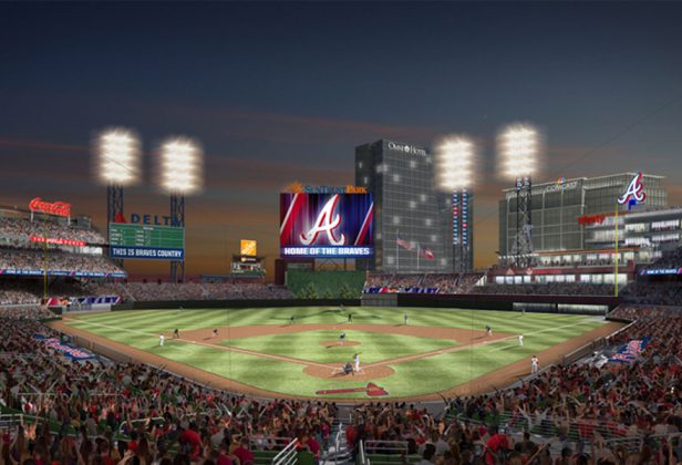 un abarrotado estadio de béisbol de los Atlanta Braves al fondo