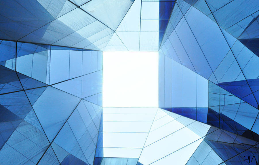 blue geometric shapes with a white square in the center